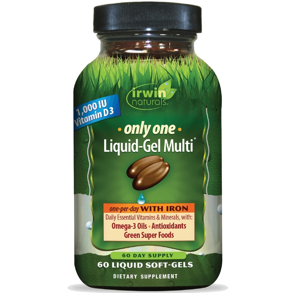 Irwin Naturals Only One Liquid-Gel Multi with Iron - 60 Liquid Softgels - Daily Essential Vitamins, Minerals, Antioxidantien, Omega-3s & Green Super Foods