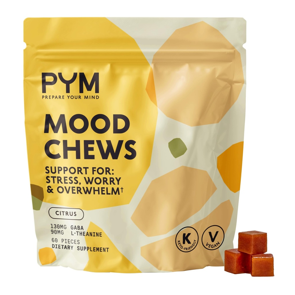 PYM Citrus Mood Chews Support for Stress, Worry & Overwhelm, 60 Count | 130mg GABA, 90mg L-Theanine | Vegan,Non-GMO, Gluten-Free,No Added Sugar | All-Natural Mood Support Supplement in Resealable Bag