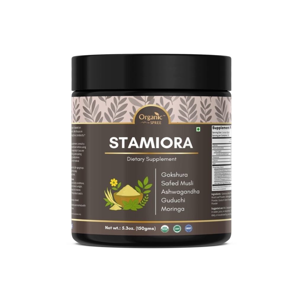 ORGANIC SPREE Stamiora Powder – 150 g (5.3 oz) | USDA Organic Certified | Ayurvedic Herbal Blend of Gokshura, Safed Musli, Ashwagandha, Guduchi & Moringa | Supports Energy, Strength & Stamina*