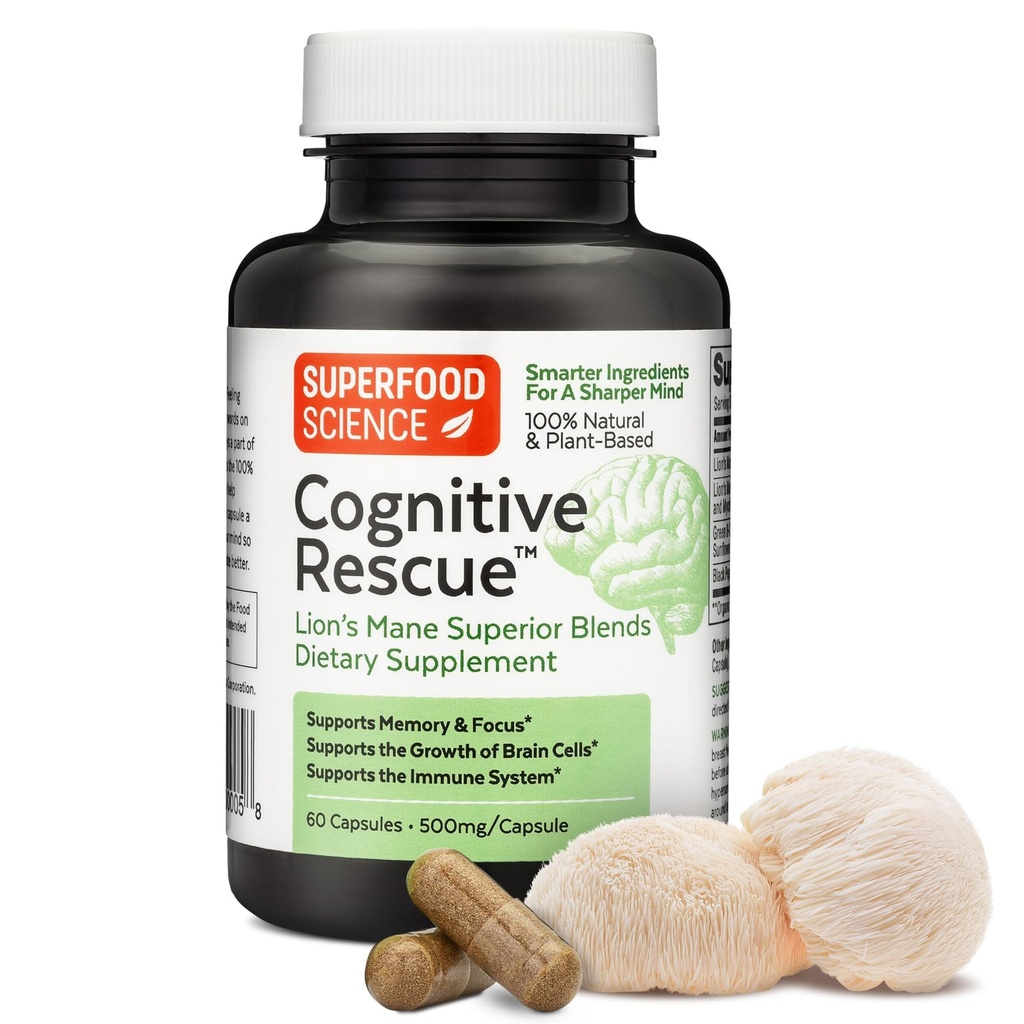 Kognitives Rescue, Lion's Mane Mushroom Capsules w/ Lion's Mane Dual Extract, Nootropics, Gehirnergänzung für Gedächtnis und Fokus, Pilz Immununterstützung w/B Vitamins Complex, BioPerine, 60 Kapseln