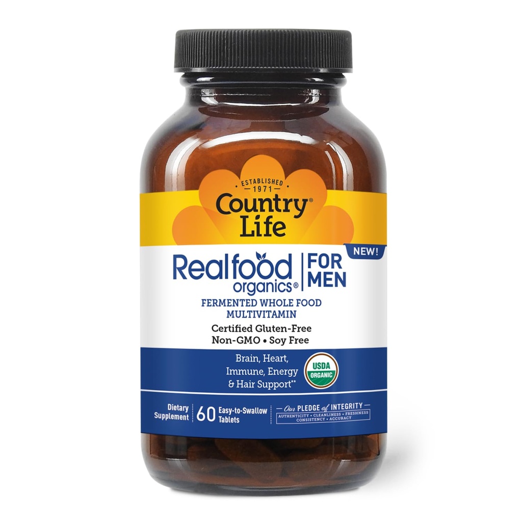 Country Life RealFood Organics for Men – 60 compresse | 1.300mg Organic Fermented Whole Foods, 7-Mushroom Superfood & Aloe – Certificato senza glutine, Vegan & USDA Organic Multivitamin