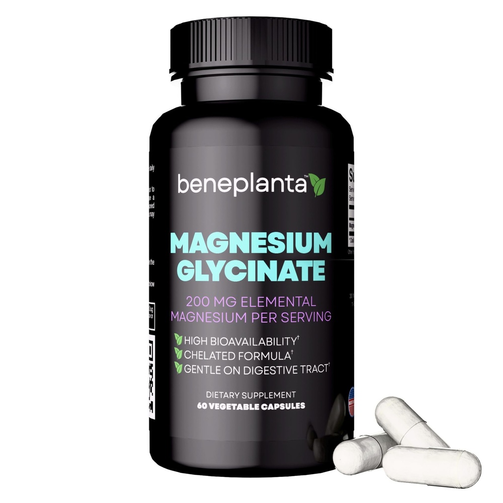 Magnesium Glycinate 200mg Chelated - High Absorption Sleep Support Supplement - 60 Capsules 30 Day Supply - Non-Laxative Gentle Formula