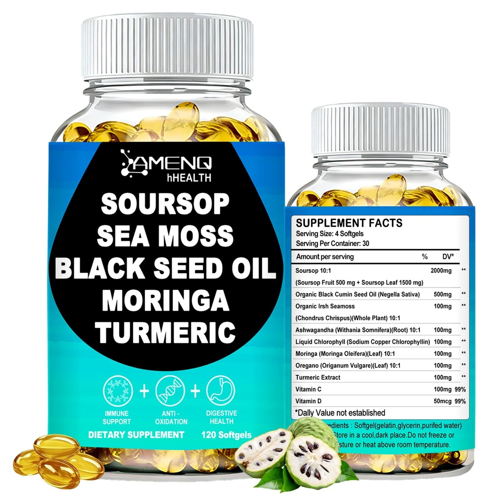 Soursop Supplement Softgels, Extra Strength Soursop leaves & Fruits with Black Seed, Irish Moss & Moringa for Immune & Antioxidant Support, 10-in-1 Herbal Sour sop Capsules丨Vegan, Non-GMO, 120 Counts