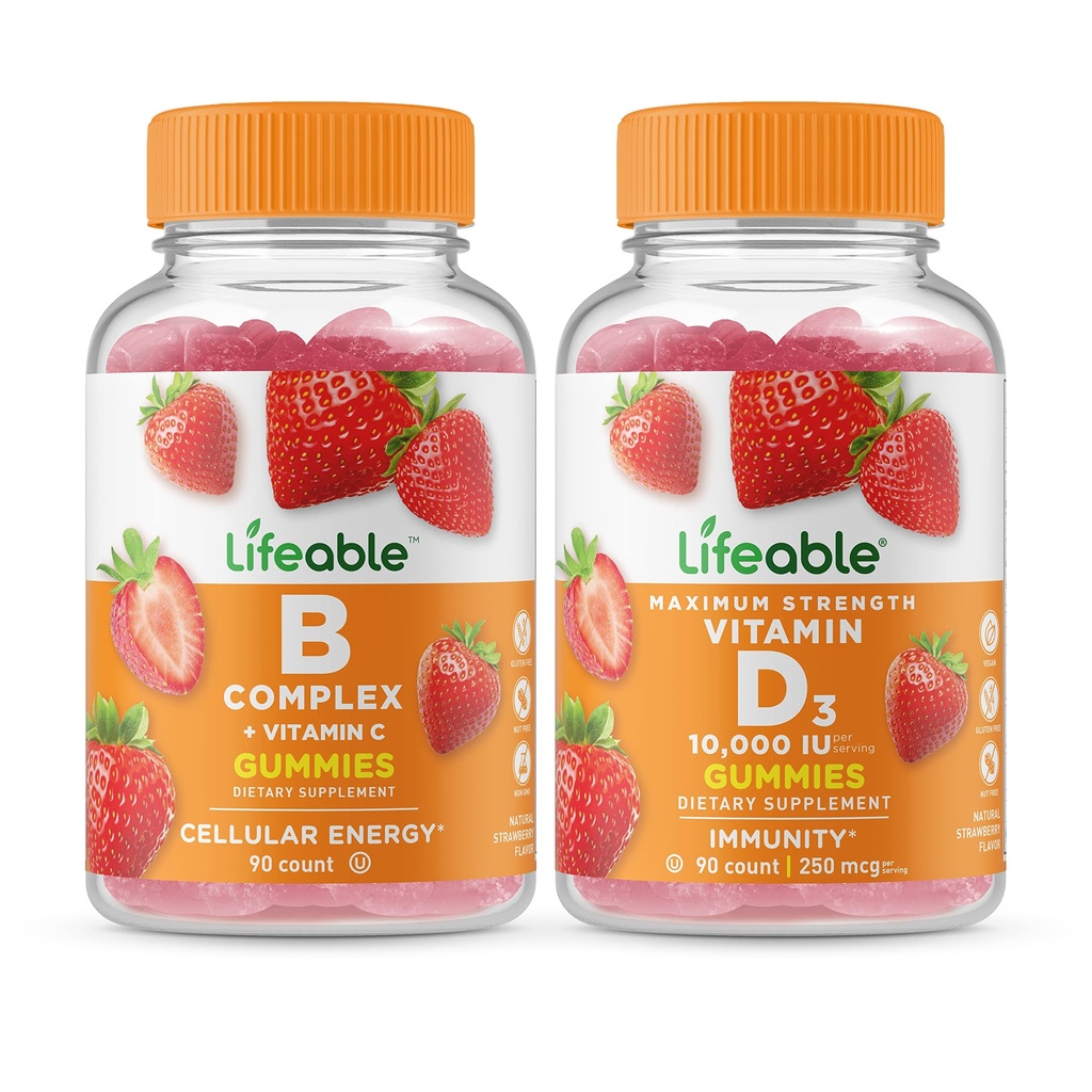 Lebensfähiger B-Komplex + Vitamin D 10000 IU, Gummie Bundle - Große Verkostung, Vitaminergänzung, Glutenfrei, GMO frei, Kaubar