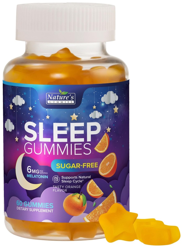 Supplemento 6mg - Gomma Melatonina senza zucchero per adulti, Gomma naturale Zero Sugar Sleeping per adulti, Bambini, Arancio aromatizzato, Vegan, Supporto di vitamina di sonno ad alta resistenza - 60 Gummies