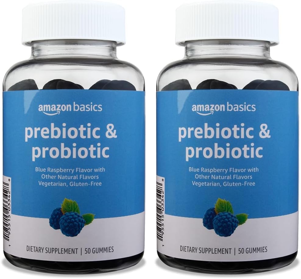 Basics Prebiotic & Probiotic Gummies, 2 Billion CFU, Blue Raspberry, 50 Count (2 pro Servierung) (Previously Solimo) (Pack of 2)