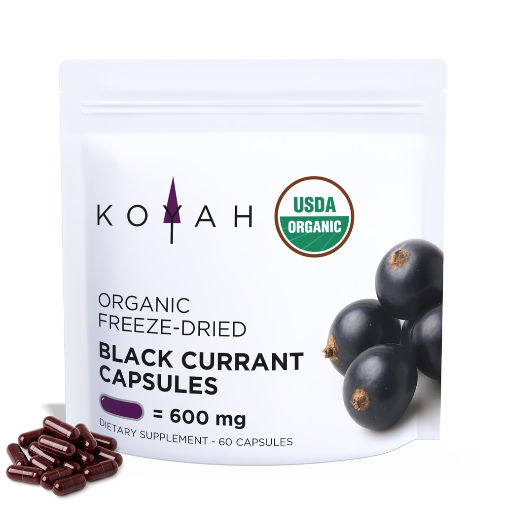 KOYAH - Organic Black Currant Capsules - Freeze-Dried Whole-Berry, 600 mg per Capsule - Antioxidant Support. 60 Capsules
