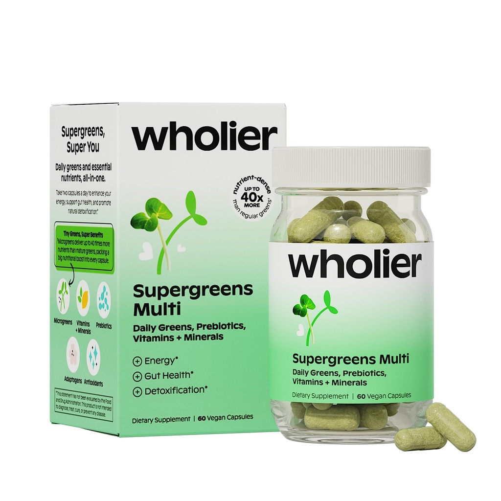 wholier Supergreens Multi Capsules, Organic Microgreens, Daily Greens, Prebiotics, Vitamins & Minerals, Multivitamin for Men & Women for Gut Health and Energy Support, Vegan, Gluten Free, 60 Capsules