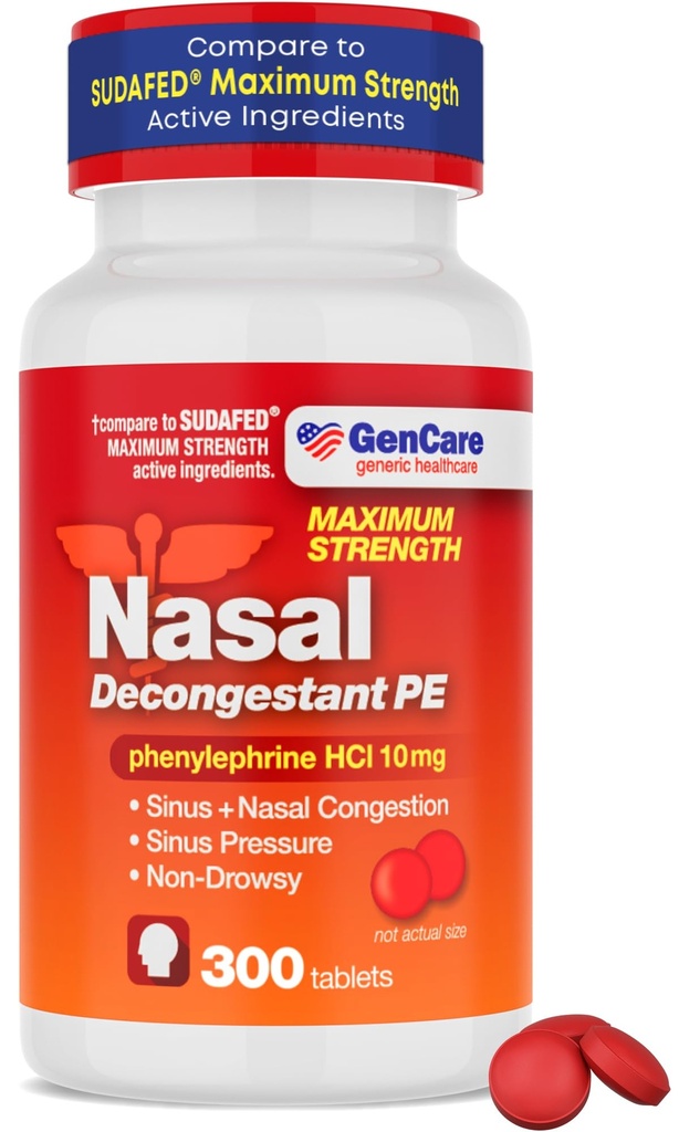 GenCare - Nasal Decongestant (10mg Tabletten) Phenylephrine HCl (300 Tabletten pro Flasche) | Wert Pack Non Drowsy Sinus und Nasal Congestion Relief | Lower Sinus Druck aufgrund von Allergien oder Illness