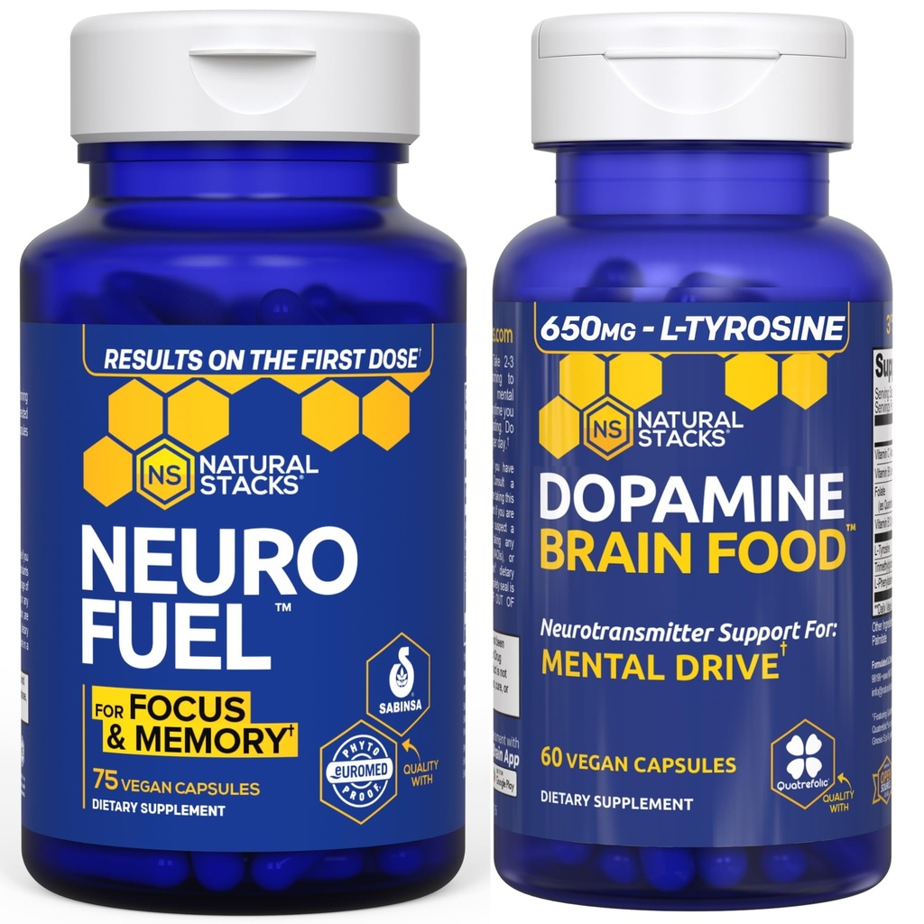 NATURAL STACKS NeuroFuel Nootropic + Dopamine Brain Food Bundle - Unterstützt Gedächtnis, Motivation & Fokus* - 135 Gesamtkapseln