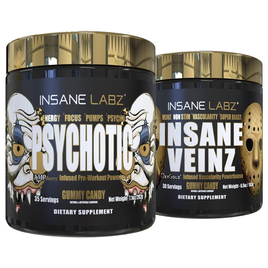 Insane Labz Psychotic Gold and Insane Veinz Gold Pre Workout Nitric Oxide Booster Stack, Increase Muscle Mass, Vascularity, Strength, Energy, Focus, Gummy Candy