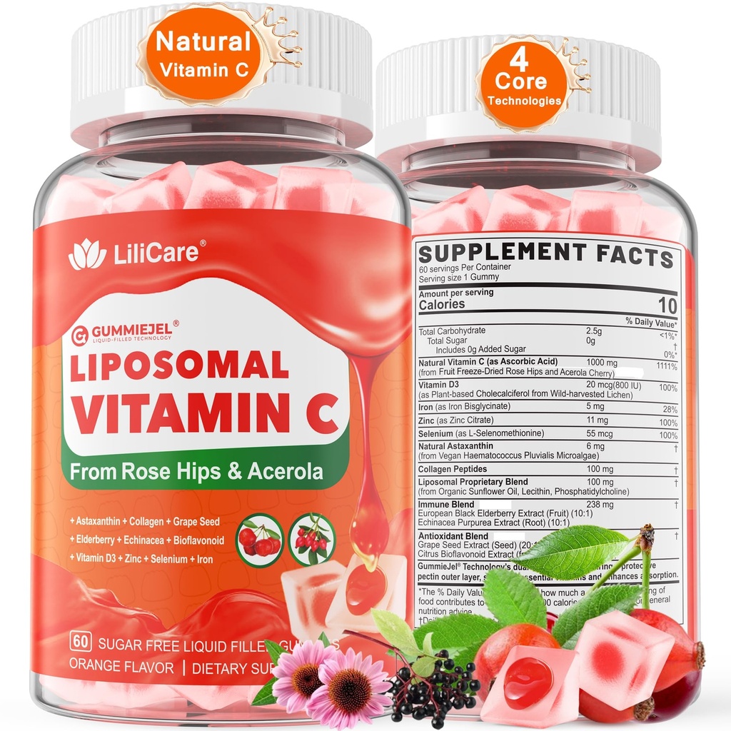 Vitamine liposomique naturelle C 1000mg Gommies pour les adultes et les enfants 9+, Vitamine à croquer C w/ 11mg Zinc, D3, Elderberry, Echinacea, , Bioflavonoïde, Immune support, aliments entiers VIT C de fruits, sans sucre