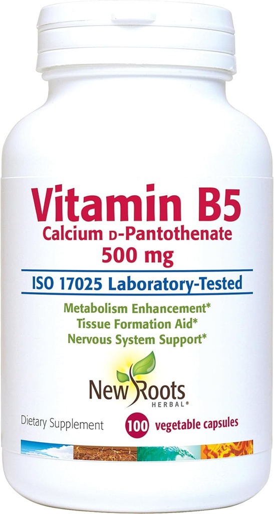 NEU ROOTS HERBAL Vitamin B5 (500mg) mit Calcium | Vitamin B5 Pantothensäureergänzung (100 Kapseln)