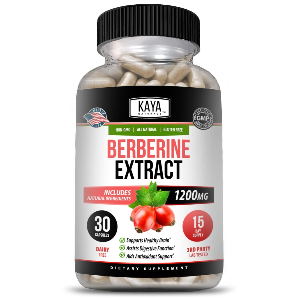 Kaya Naturals Berberine HCL Extract 1200mg - Immune System - Gluco Levels - Gut Health (Vegetarian, Non-GMO & Gluten-Free) Berberine Supplement (30 Count (Pack of 1))