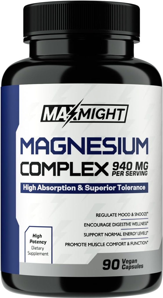 Magnesium Complex, 210 mg Elemental Magnesium, Glycinat, Citrat & Malate, Non-GMO, Max Absorption, Muskel, Stimmung, Energie, 90 Vegan Kapseln