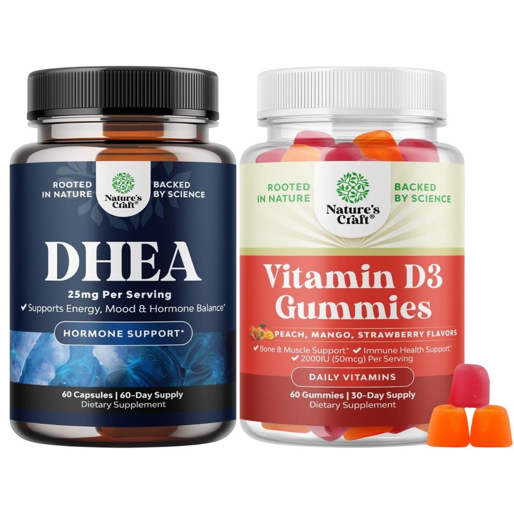 Ensemble de complément DHEA pour l'équilibre hormonal, la stabilité de l'humeur, la fonction cérébrale - Déhydroépiandrostérone et vitamine D3 Gommies pour le bien-être quotidien avec 2000UI par service Muscle osseux et soutien immunitaire