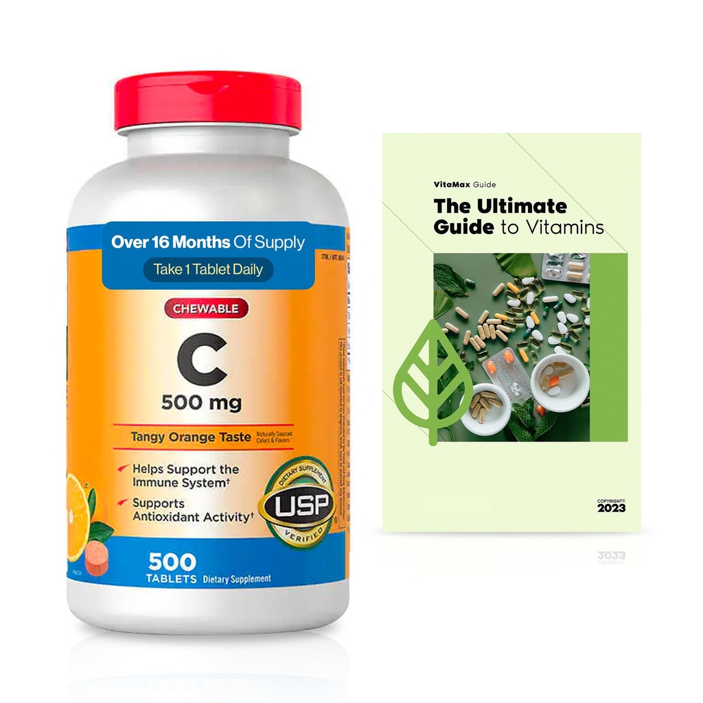 KKL Chewable Extra Strength Vitamin C 500 mg, 500 Count, Immune & Antioxidant Support, Daily Dietary Supplement + Exclusive Vtmx Vitamin Guide (2 Items)