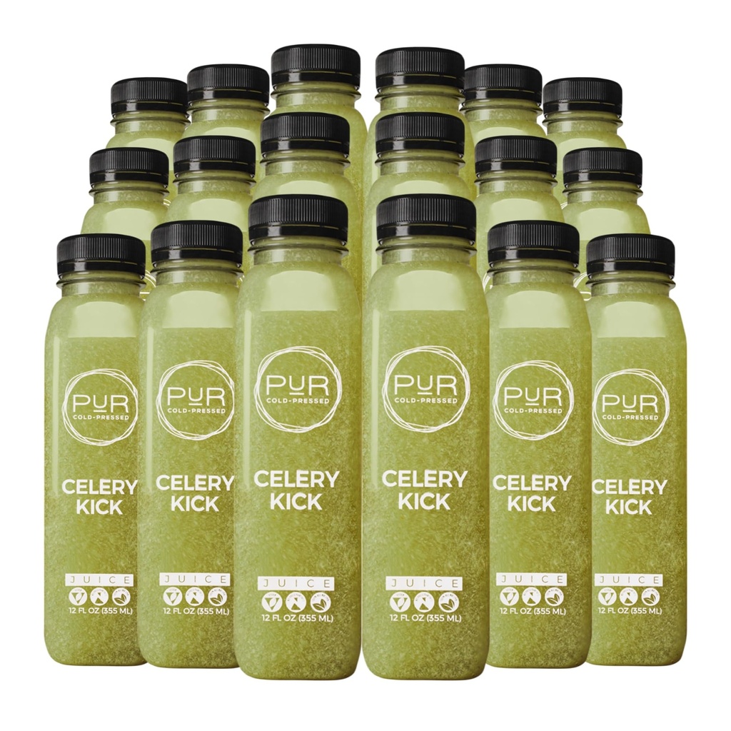PUR Cold-Pressed Juice – Celery Kick 18 Pack – Celery Juice, Lemon, Ginger, Cayenne and Himalayan Salt – Invigorating Drink Supports Wellness, Digestion & Cleanse Days – Raw Pressed at Source
