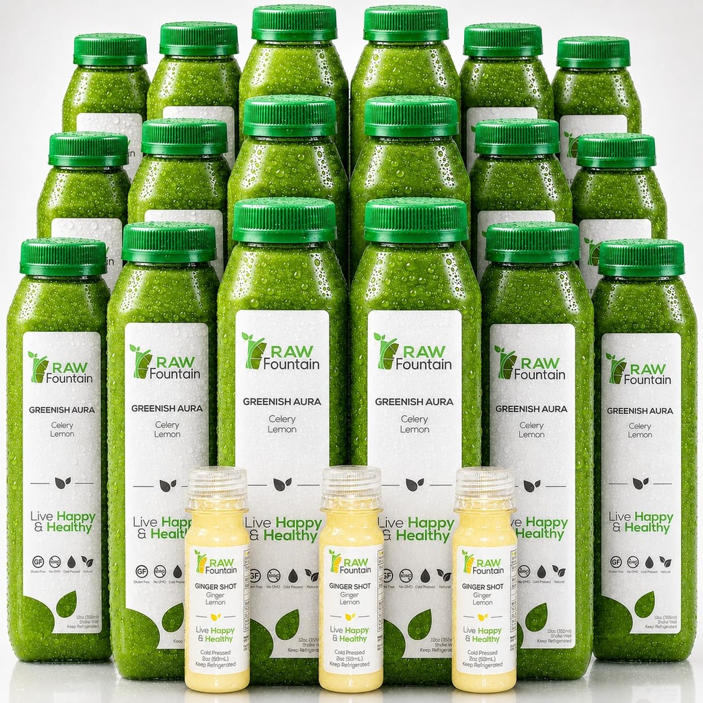 3 Day Celery Juice Cleanse by Raw Fountain, All Natural Raw, Cold Pressed Juices, Morning Detox Cleanse, Kosher, Gluten Free, NO Added Sugar, 18 Bottles 12oz, 3 Ginger Shots 2oz