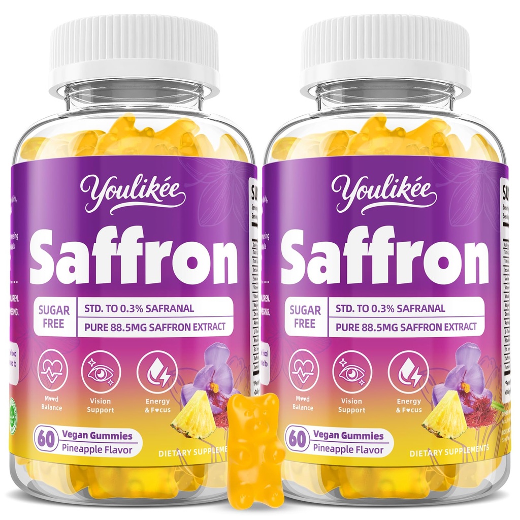 2 Pack Saffron Gummies 88.5mg - Saffron Supplements with Magnesium, Rhodiola Rosea, Ashwagandha, L-Theanine, Vitamins D3 & B6, Zinc - Supports Antioxidant Function, Pineapple Flavor, 120 Count