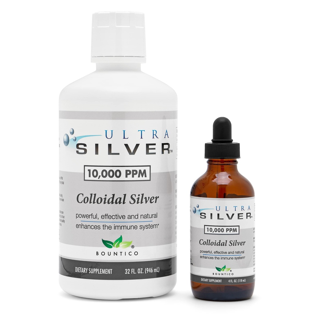 Ultra Silver® Colloidal Silver | 10.000 PPM, 32 Oz (946mL) | Mineralische Beilage | True Colloidal Silver - 4 oz Dropper Bottle (Empty) Included for Dispensing!