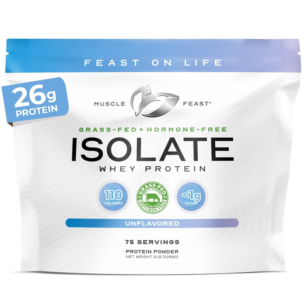 Muscle Feast Grass-Fed Whey Protein Isolate, All Natural Hormon Free Pasture Raised, Whey Isolate Protein Powder für Männer und Frauen, Clean, Non-GMO & Gluten-Free, Isolate Protein - Unflavored, 5lb