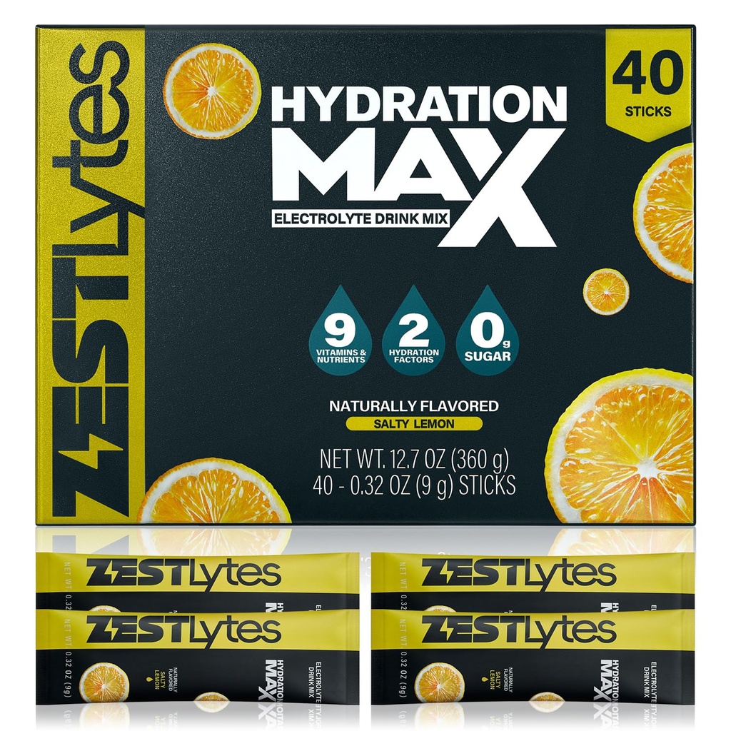40 Sticks Salty Lemon Sugar Free Electrolyte Hydration Packets, High Sodium Low Calorie Electrolyte Powder Drink Mix, Liquid Daily IV Flavor, 2 Hydration Factors