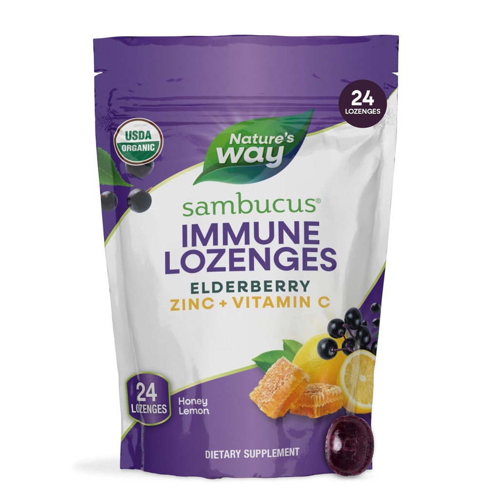 Nature Sambucus Zinc Lozenges avec des baies d'eau et vitamine C, Miel Lemon Flavor, 24 Lozenges