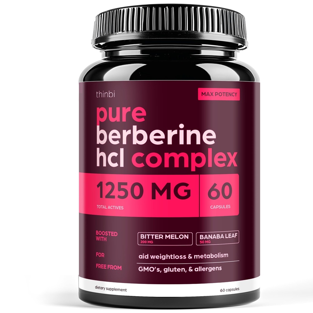 Thinbi Berberine HCl Supplement – High Potency Capsules with Bitter Melon & Banaba Leaf – Botanical Formula from Barberry Extract – 60 Capsules