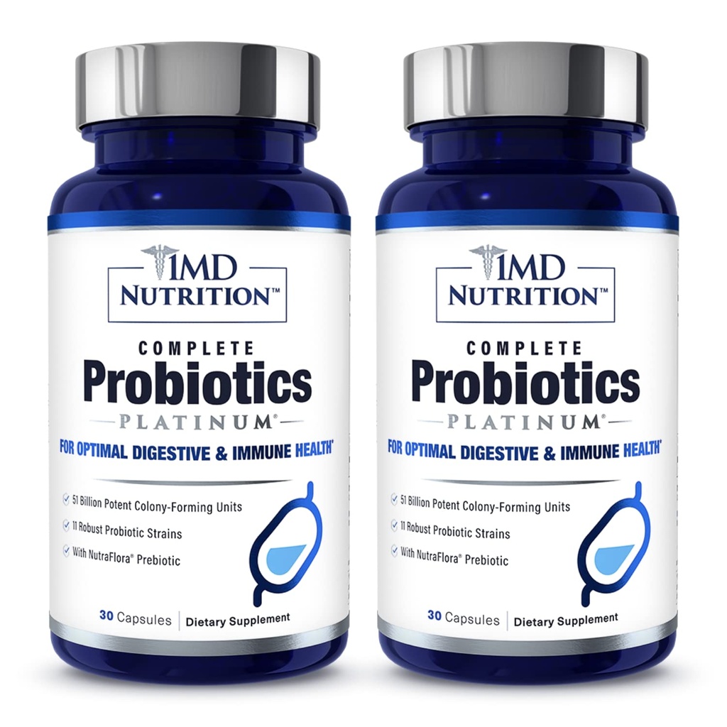 1MD Probiotiques Complete Platinum's Soutient la santé digestive' avec les prébiotiques nourrissants, 51 milliards d'UFC vivants, 11 souches, sans produits laitiers.