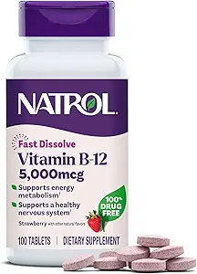 Natrol Vitamina B12 compresse di dissolve veloce, promuove l'energia, supporta un sistema nervoso sano, massima resistenza, aroma di fragola, 5000mcg, 100 conteggio (pacchetto di 2)
