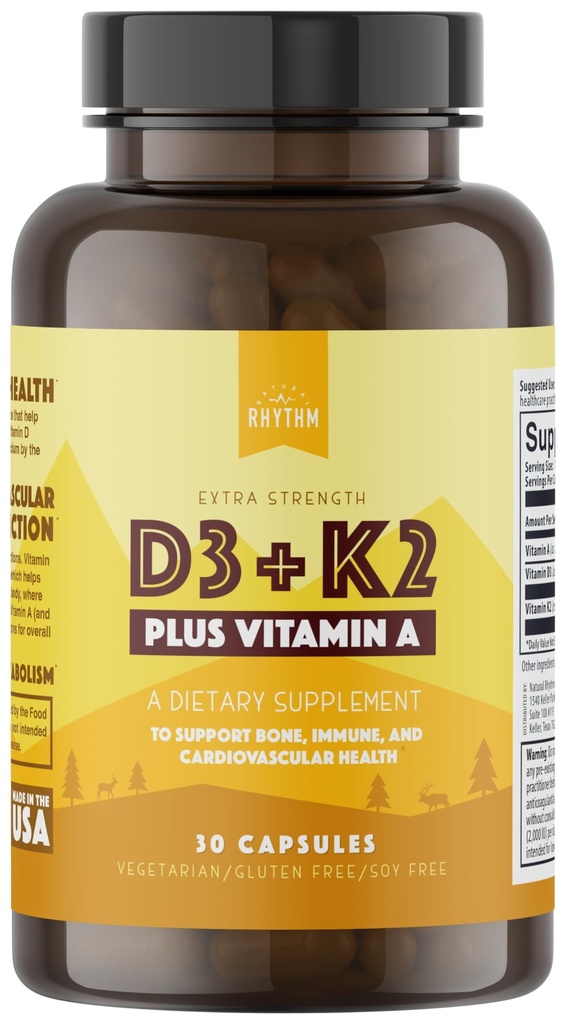 Rhythme naturel Vitamine D3 + K2 (MK7) Plus Vitamine A, pour la santé des os, du coeur et des immunes, 30 Capsules