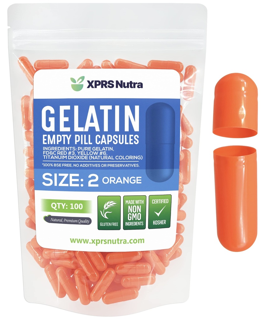 XPRS Nutra Größe 2 Leere Kapseln - 100 Count Leere Gelatine Kapseln - Pillen DIY Kapsel Füllung - Pure Bovine Pill Gel Kapseln für Do-It-Yourself Ergänzungen (Orange)