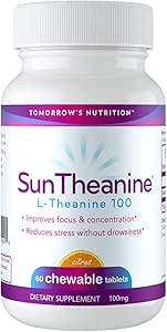 Nutrizione di domani - SunTheanine L-Theanine, 100 mg compresse per aiutare la concentrazione, messa a fuoco e stress, 60 compresse masticabili