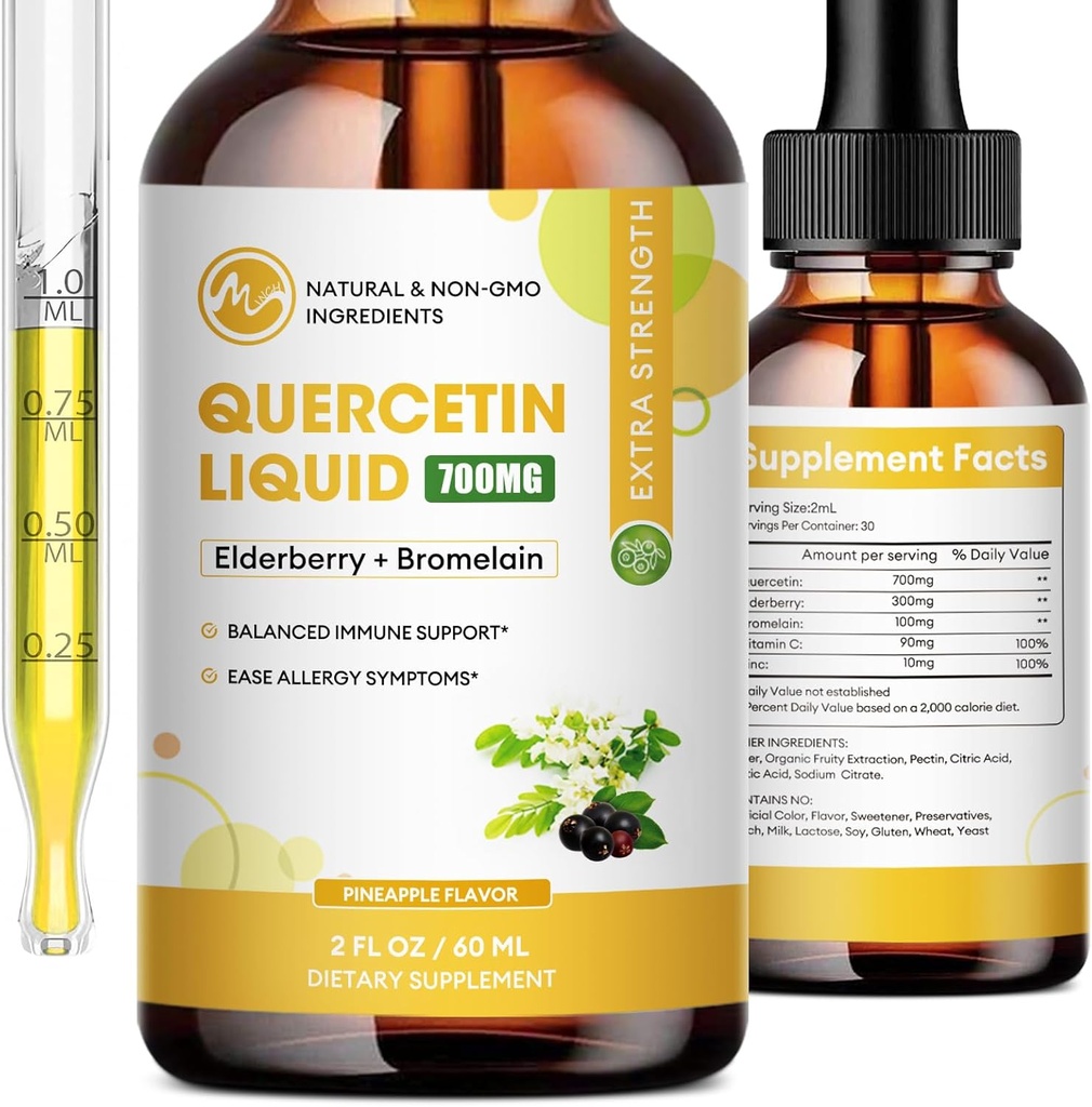 (2 Confezione) Gocce Liquide di Quercetina - Integratori di Quercetina 700mg - 4X Più Forte Di Pillole & Capsule - 5 in 1 Quercetina con Vitamina di Samburo di Bromelain per Benessere Respiratorio di Immunità- 2 Fl Oz*2