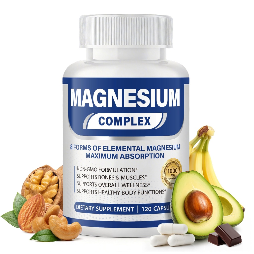 Magnesium Complex Supplement 1000mg with 8 Elemental, Magnesium Glycinate, Citrate, Malate, Taurate, Supports Relaxation, Bone Strength & Muscle Function - 120 Capsules