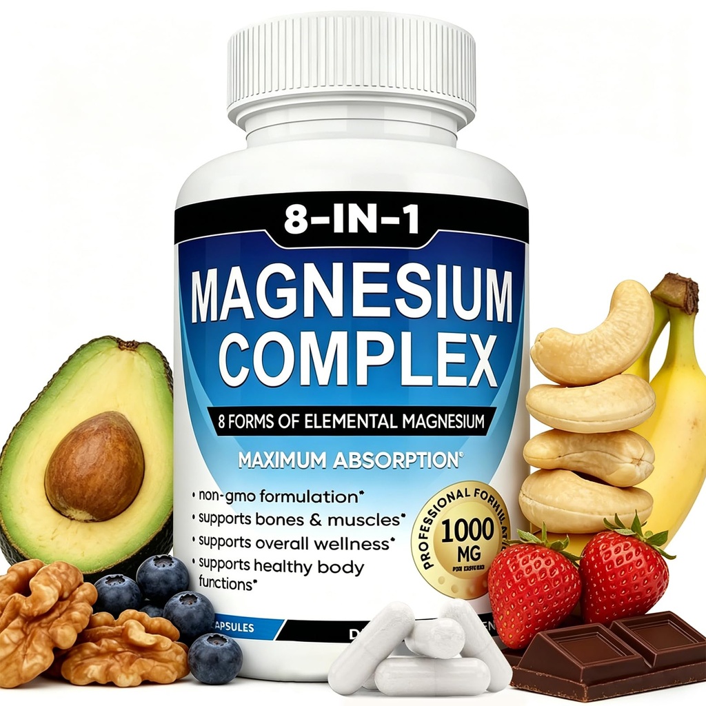 Magnesium Complex Supplement 8-in-1 Elemental 1000mg, Magnesium Glycinate, Malate & Citrate, Vegan, Non-GMO 90 Capsules