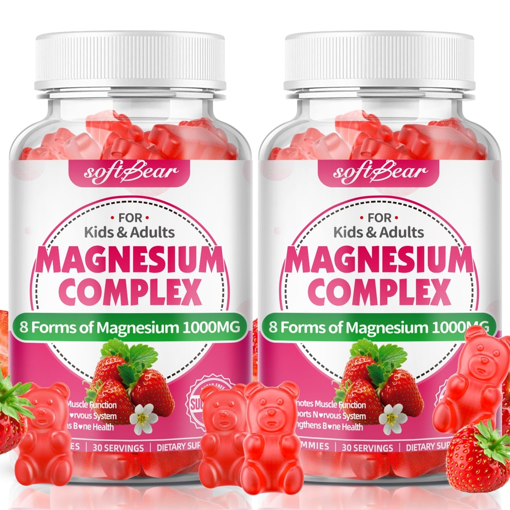 softbear Magnesium Complex Gummies for Women & Men & Kids, 8 in 1 Magnesium Complex Supplement 1000mg-Magnesium Glycinate,Citrate,Malate Supports Calm, Zzz, Muscle Cramp, Strawberry Flavor 120 Count