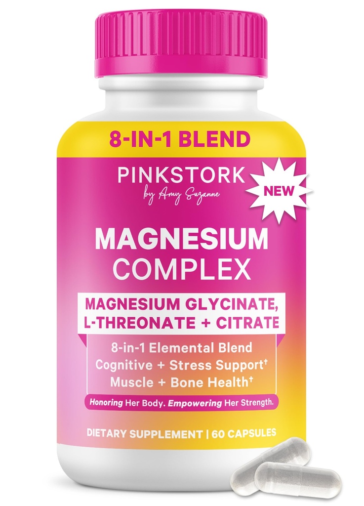 Pink Stork Magnesium Complex for Women - 8 Forms Including Glycinate, Malate, Citrate & L-Threonate - Stress, Sleep, Muscle & Hormone Support - 400 mg Elemental Magnesium - 60 Vegan Capsules