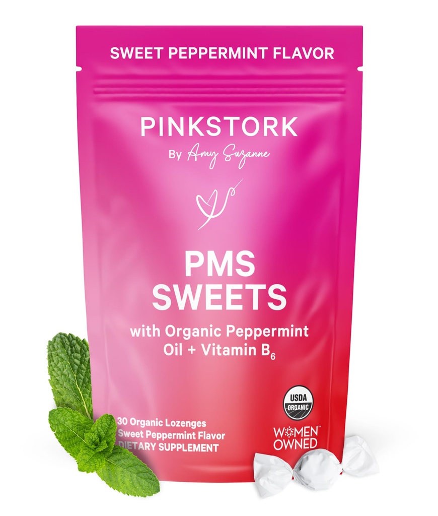 Pink Stork Organic PMS Support Süßigkeiten für Jugendliche und Frauen - Einfache & natürliche Inhaltsstoffe Vitamin B6 und Pfefferminz - Zeitraum, Verdauung, Blähungen, Mood-Schwingungen - 30 Tropfen