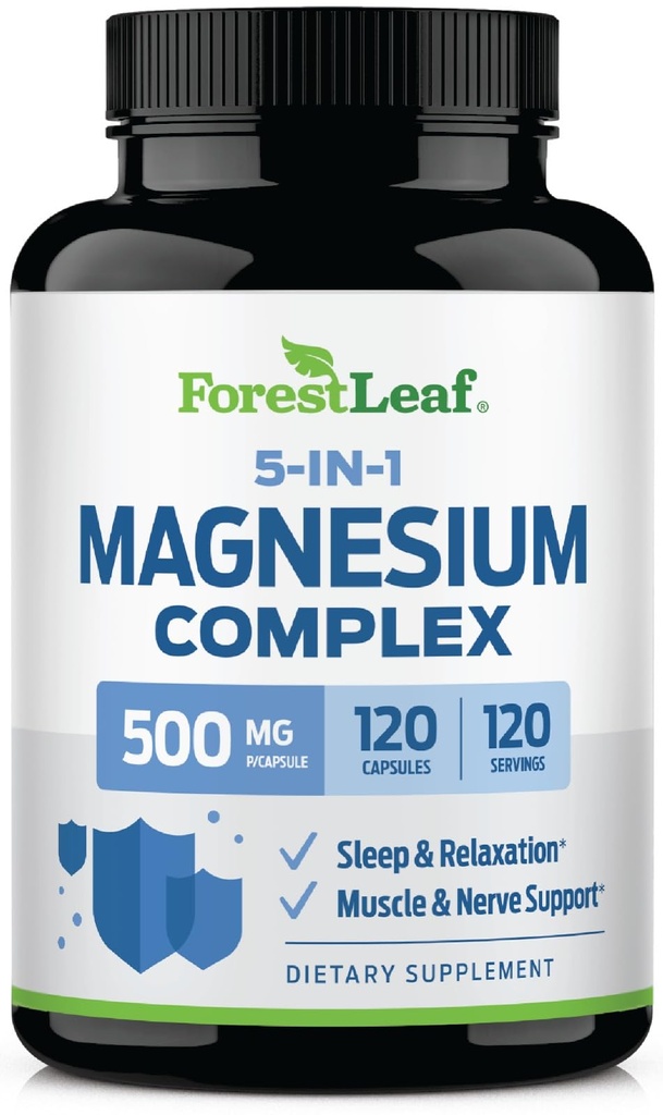 ForestLeaf Magnesium Complex for Women and Men - 500mg Magnesium Supplement for Sleep - 5-in-1 Chelated Magnesium Citrate, Bisglycinate, Malate, Taurate, Oxide (120 Ct)