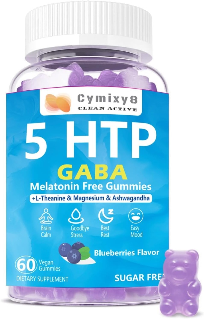 5-HTP GABA Gummies Blend 1700mg, Sugar-Free Calm Gummis mit L Theanin, Magnesium, Ashwagandha, Omega-3-6-9, Vitamin D3,B6 für natürliche Zzzs, Mood, Brain-Calm, Blueberry Flavor 60Count