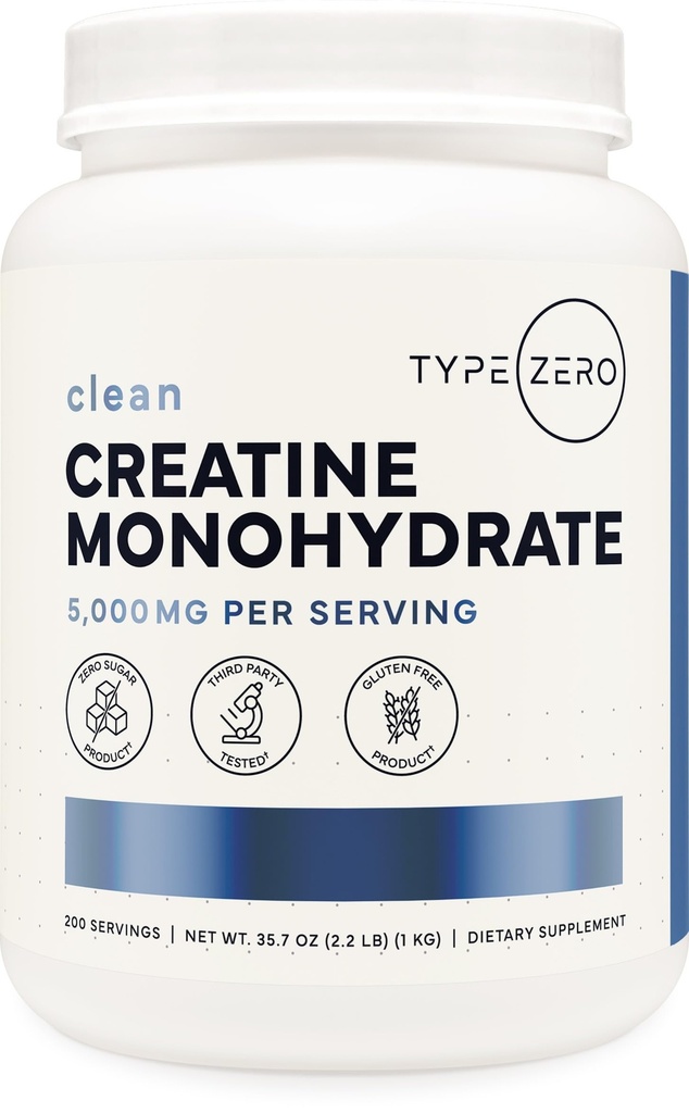 Typ Zero Creatine Monohydrate (Unflavored) 1 KG, 5000mg (5g) Pro Servieren, Micronized, Zero Sugar, Keto Friendly & Gluten Free, 200 Servietten