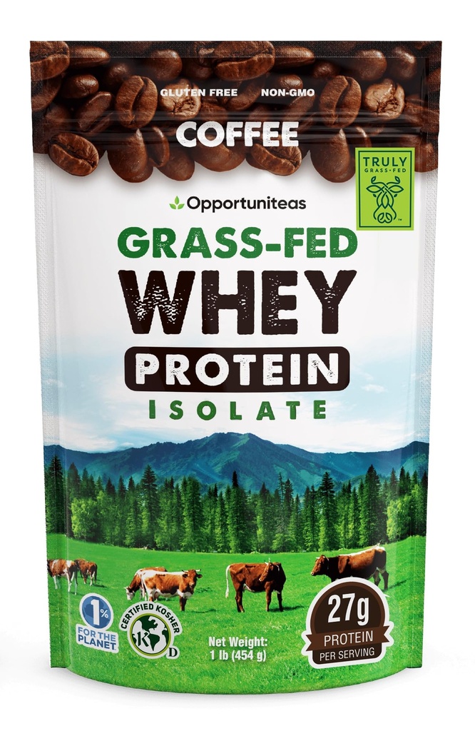 Opportuniteas Coffee Whey Protein Powder - Low Carb & Keto Friendly - Gras Fed Whey Isolate + kolumbianischer Kaffee - 60 mg Koffein für Energie - Pre oder Post Workout Drink Mix, Latte, Shake & Smoothie 1lb
