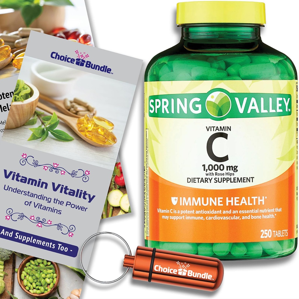 Choice Bundle Spring Valley Vitamin C 1000 mg Dietary Supplement Tablets with Rose Hips 250 Ct Plus Vitamin Guide & Portable Pill Container (3 Items)!