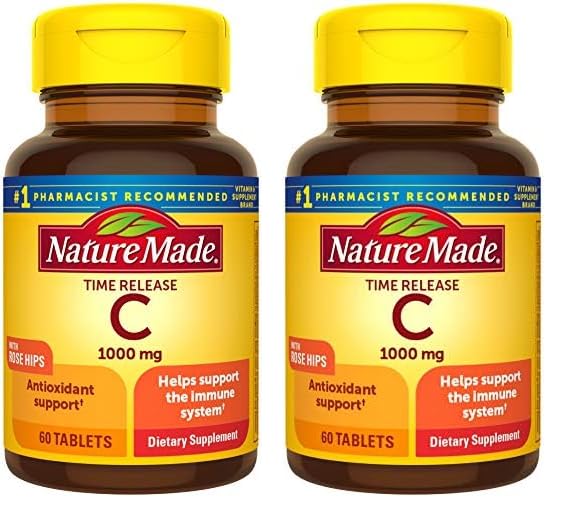 Nature Made Vitamin C 1000 mg Time Release Tablets with Rose Hips, 60 Count to Help Support the Immune System (Pack of 2)
