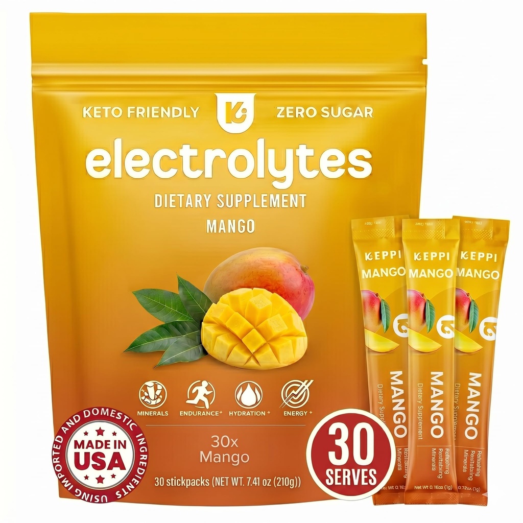 Keppi Electrolytes Powder Packets – Mango Flavor 30 Servings – No Sugar Hydration Supplement with Potassium, Magnesium, Sodium – Keto, Vegan, Fasting-Friendly, Zero Calorie Hydration Packets