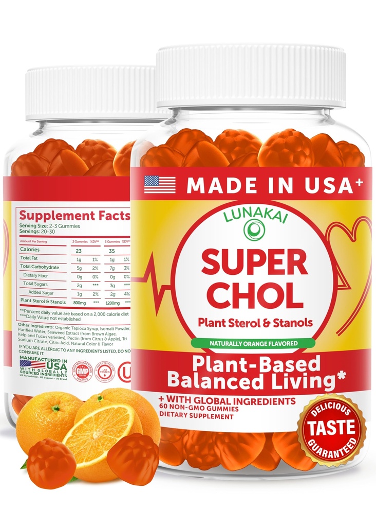 Lunakai USA Made Super Chol Gummies – 1200mg Plant Sterols & Stanols for Natural Cholesterol Support – Daily Phytosterol Supplement for Adults, 60ct