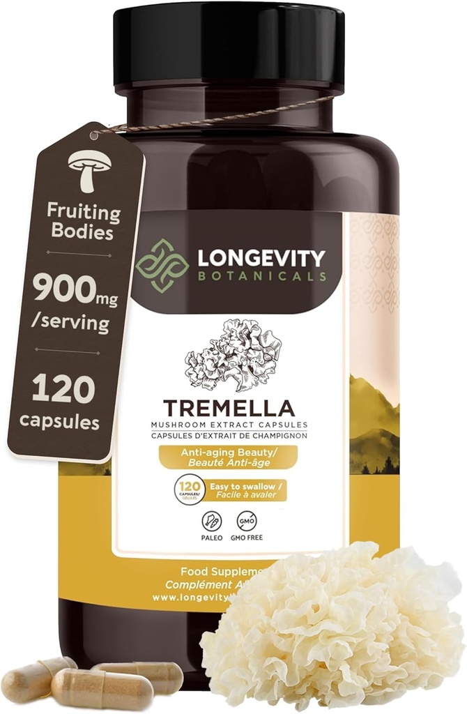Bio Tremella Mushroom Kapseln Ergänzung (120) | Fruchtkörper 10:1 Hohe Stärke Schnee Pilz Extrakt | 10% Beta-D Glucans | 9.000mg Raw Equivalent per Servieren | Haut Hydration & Gehirn Unterstützung
