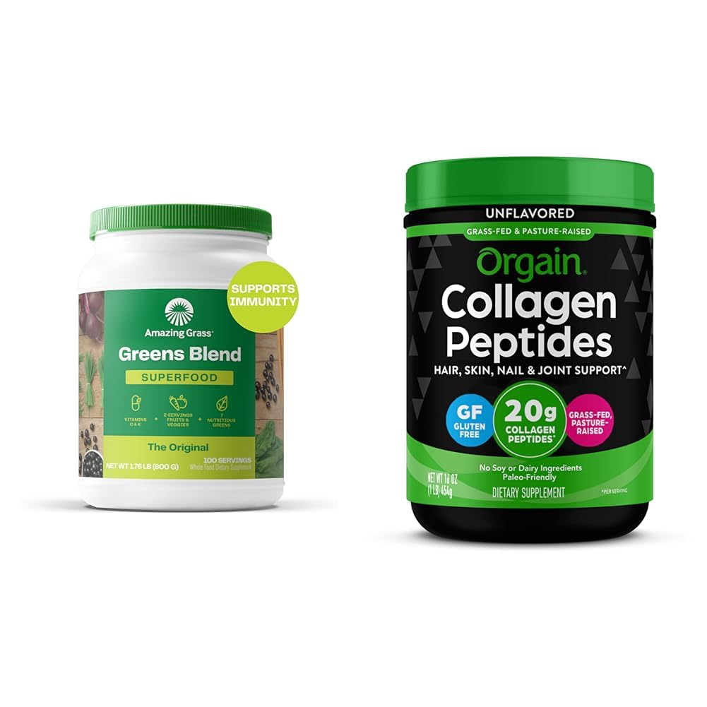 Amazing Grass Greens Superfood Blend with Organic Spirulina, Digestive Enzymes - 100 Servings & Orgain Hydrolyzed Collagen Peptides Powder, 20g Grass Fed Collagen - Hair, Skin, Nail & Joint